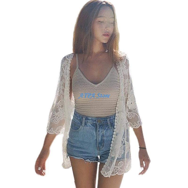 Kimono Sheer Floral - U13C المرأة الصيف الدانتيل مفتوحة الجبهة