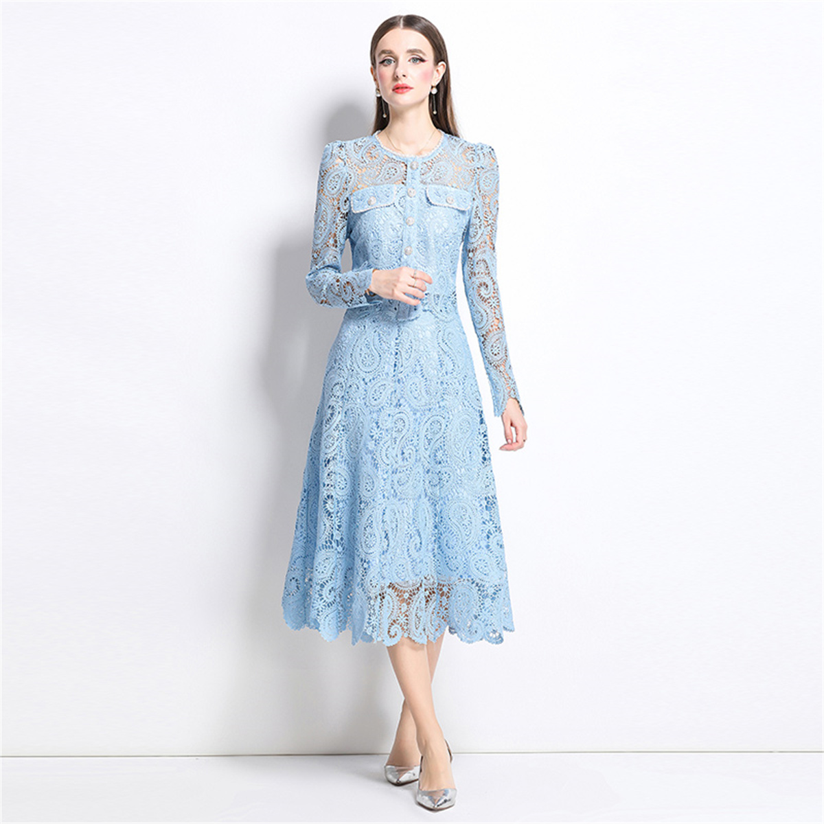 Midi Skirt Floral - الربيع الحلو الدانتيل زهرة التطريز قطعتين